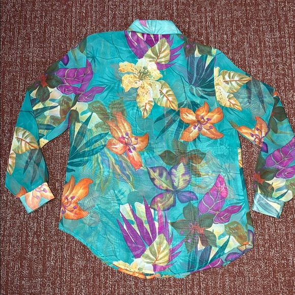 Maggie Sweet vintage sheer capri blue tropical floral button down women’s blouse - Picture 3 of 13